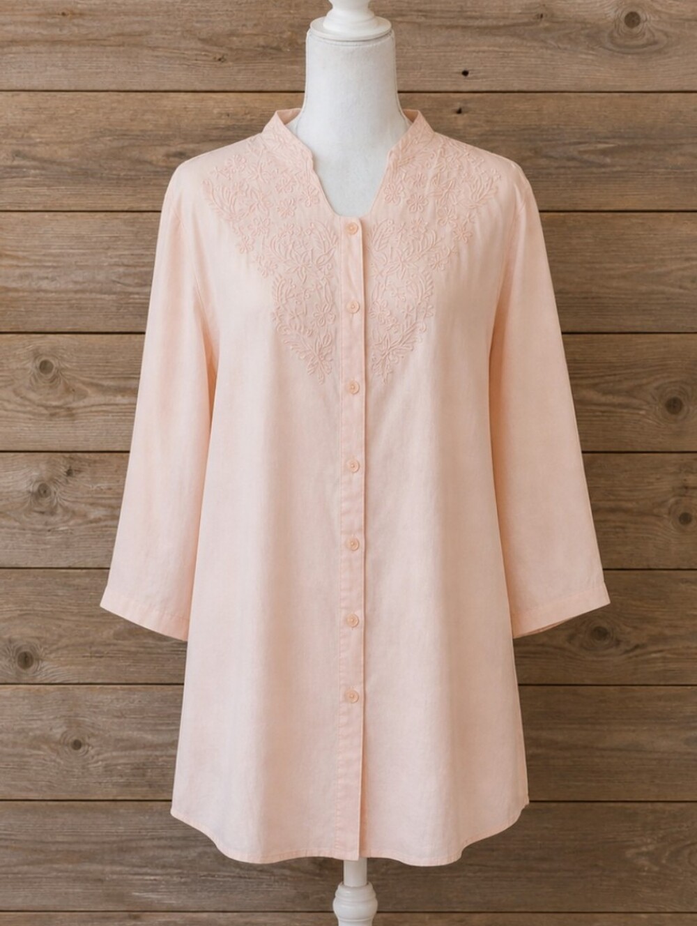 Women's Peach Embroidered Button-Front Tunic Top